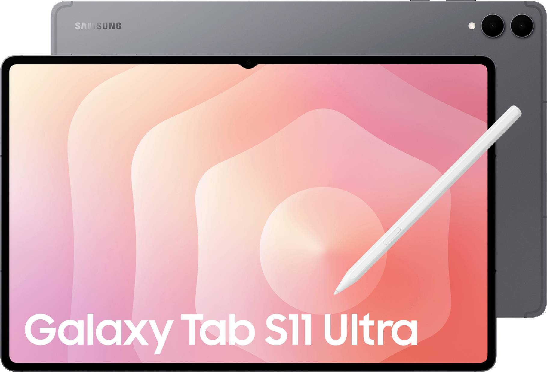 Tablette Samsung Galaxy Tab S11 Ultra avec un stylet S Pen attaché, présentée sur un fond dégradé, mettant en valeur son design élégant.
