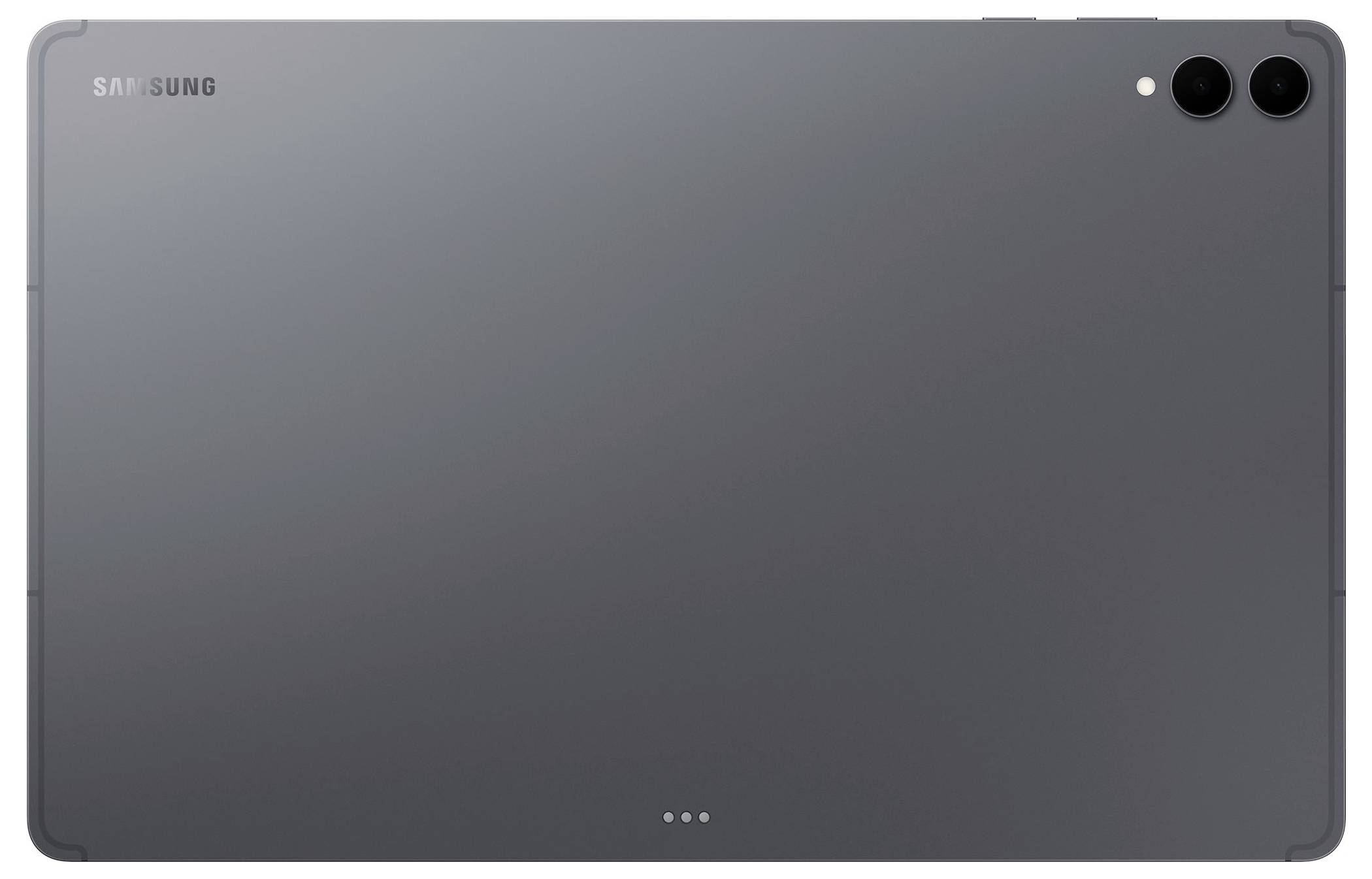 Vue arrière d'une tablette Samsung gris foncé avec deux caméras situées dans le coin supérieur droit.