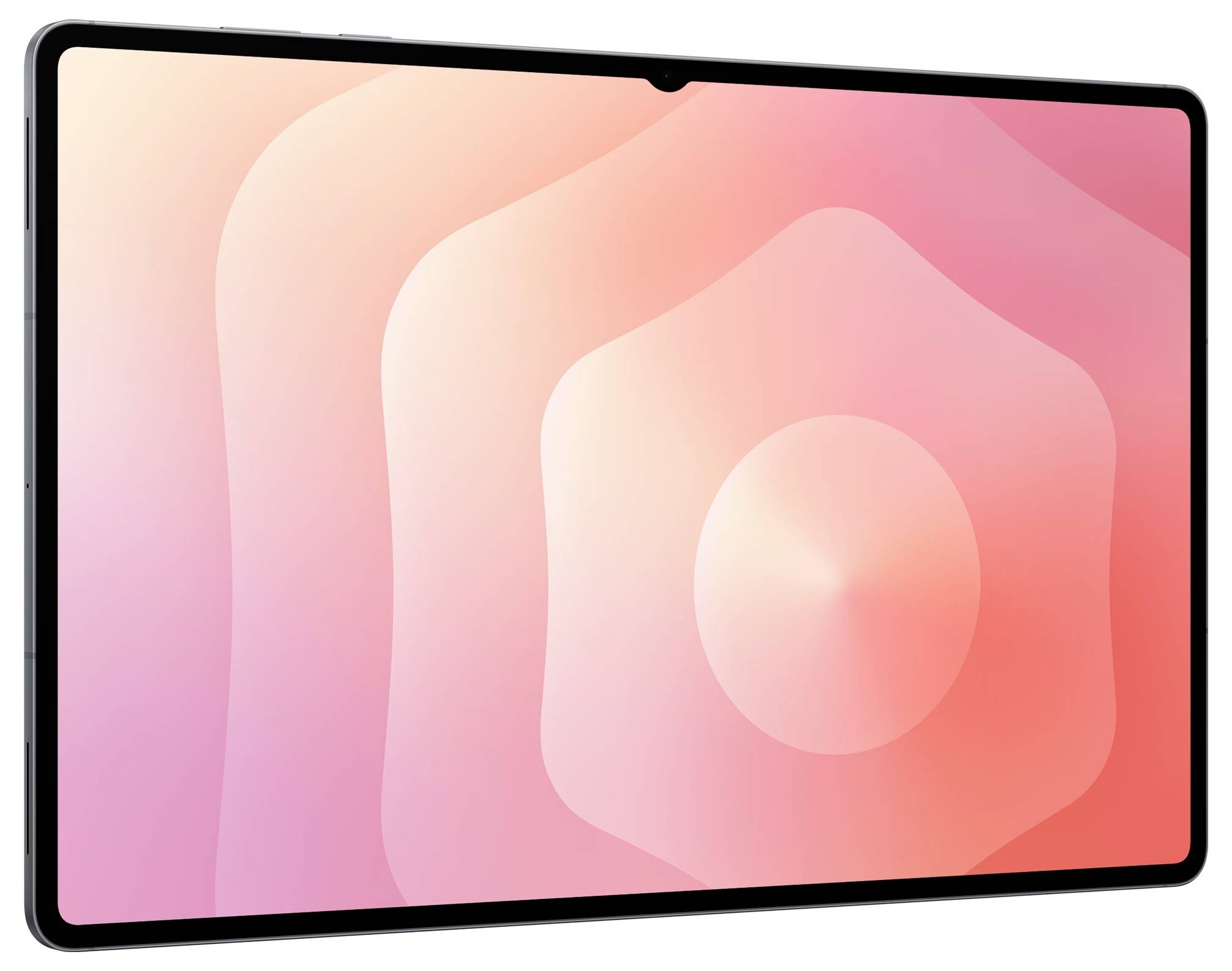 Une tablette à fine bordure affiche un motif abstrait rose avec des cercles concentriques donnant une impression de profondeur.