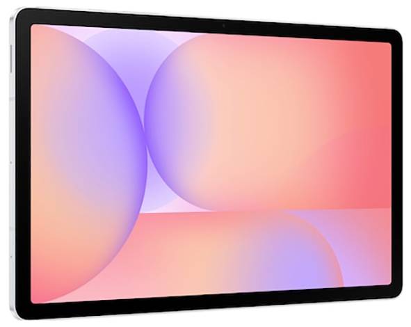 Une tablette dotée d'un bordure noire affichant un fond en dégradé avec des formes circulaires roses, oranges et violettes.