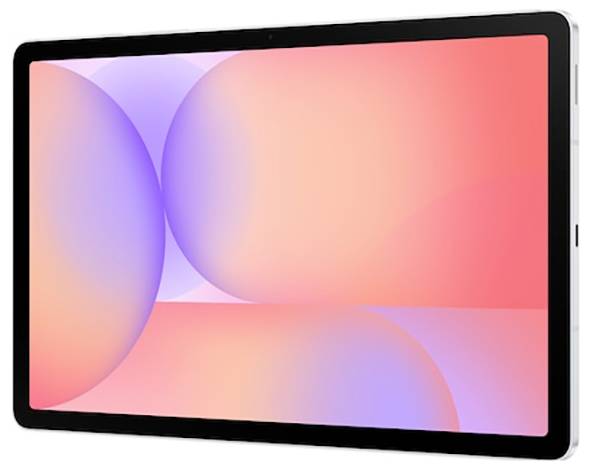 Une tablette avec un cadre noir affichant un design abstrait coloré de cercles qui se chevauchent en rose et en violet sur l'écran.