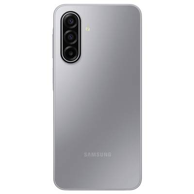 Smartphone argenté avec trois caméras arrière alignées verticalement sur la gauche, présentant un design minimaliste.