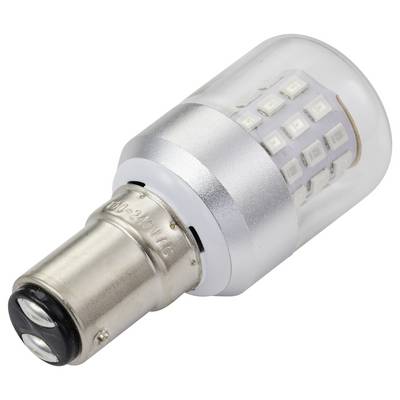 Une vue rapprochée d'une ampoule de feu stop à LED pour voiture, avec une base argentée et plusieurs diodes électroluminescentes enfermées dans un boîtier transparent.