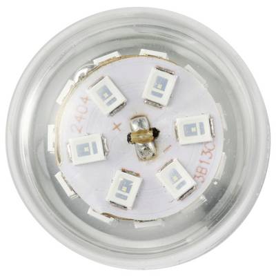 Une vue de dessus d'un groupe de LED à l'intérieur d'un boîtier circulaire transparent, montrant six puces LED réparties uniformément autour d'un axe central.