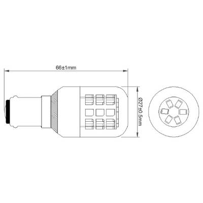 Un dessin technique d'une ampoule avec les dimensions : longueur 68 ± 1 mm, diamètre Ø27 ± 0,5 mm. Vue de dessus montrant la configuration interne.