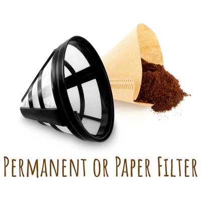 Un filtre 'Permanent ou en Papier' montre un filtre à café réutilisable à côté d'un filtre en papier rempli de café moulu, suggérant un choix entre les deux.