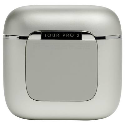 Un boîtier de chargement gris fermé pour écouteurs avec le texte « TOUR PRO 2 » sur le couvercle.