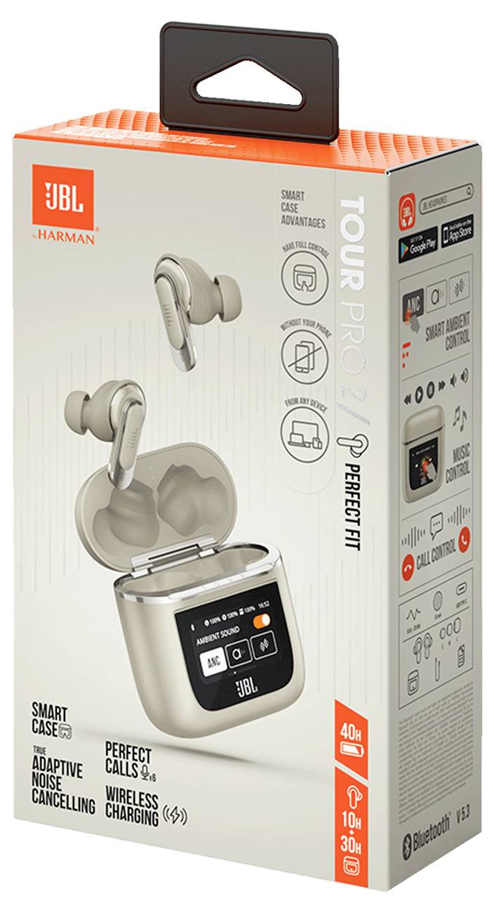 Une boîte de vente au détail pour les écouteurs sans fil JBL Tour Pro 2, mettant en avant des fonctionnalités telles que la réduction de bruit adaptative, un boîtier intelligent avec écran et le chargement sans fil.