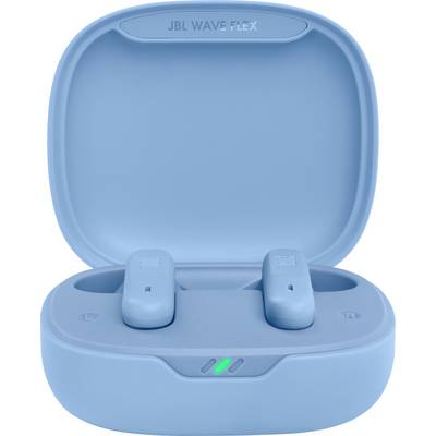 Étui de chargement bleu ouvert contenant deux écouteurs sans fil marqués « L » et « R ». L'intérieur du couvercle de l'étui est inscrit « JBL Wave Flex ».