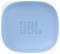 Un haut-parleur JBL compact, carré et bleu, vue de dessus, avec le logo JBL embossé au centre, présentant des bords arrondis et une finition lisse.