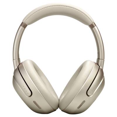 Casque audio beige avec serre-tête et coussinets d'oreilles rembourrés, présenté sur un fond blanc.