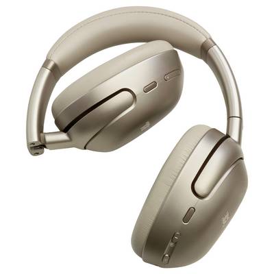 Casque audio supra-auriculaire de couleur crème, doté de coussinets d'oreille rembourrés et d'un arceau, avec des boutons sur les côtés pour le contrôle du son.