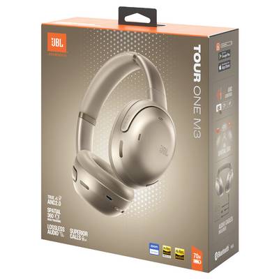 Emballage des écouteurs JBL Tour One M3 en beige, présentant 'True Adaptive Noise Cancelling', 'Audio Spatial 360' et '70h d'autonomie de batterie'.