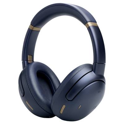 Casque audio supra-auriculaire bleu marine avec coussinets d'oreille rembourrés et arceau réglable, agrémenté de touches dorées pour un look élégant.