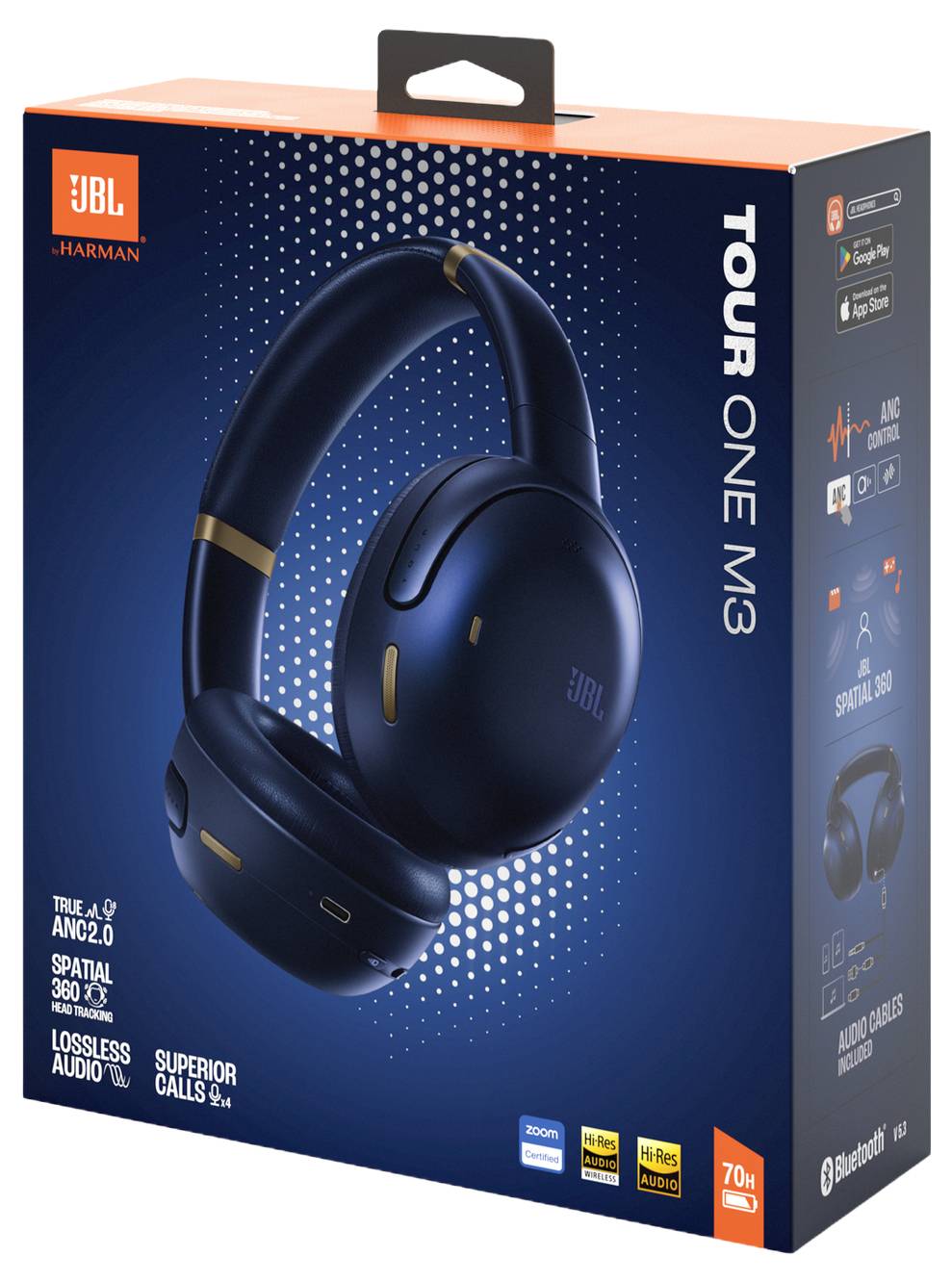 Emballage de boîte des écouteurs JBL Tour One M3 avec réduction de bruit, audio spatial et qualité d'appel supérieure. Inclut les logos Bluetooth et Hi-Res audio.