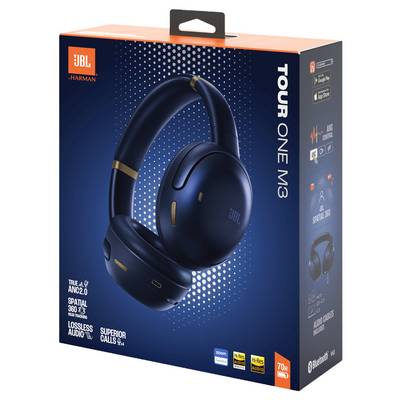 Emballage de boîte des écouteurs JBL Tour One M3 avec réduction de bruit, audio spatial et qualité d'appel supérieure. Inclut les logos Bluetooth et Hi-Res audio.