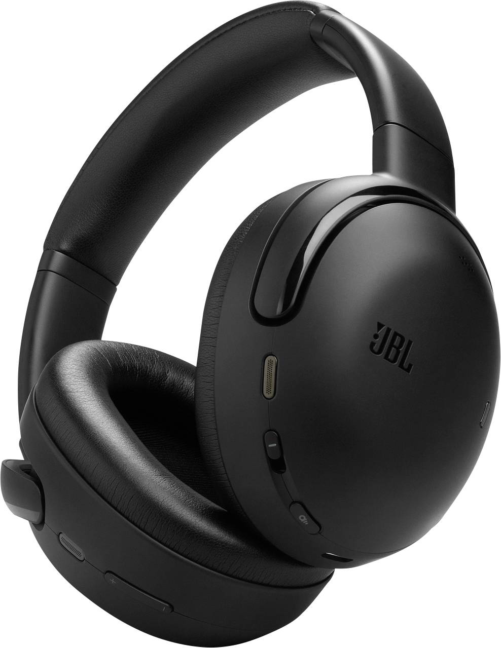 Casque sans fil noir supra-auriculaire avec des coussinets d'oreille rembourrés et un design élégant, affichant le logo JBL sur la surface extérieure.