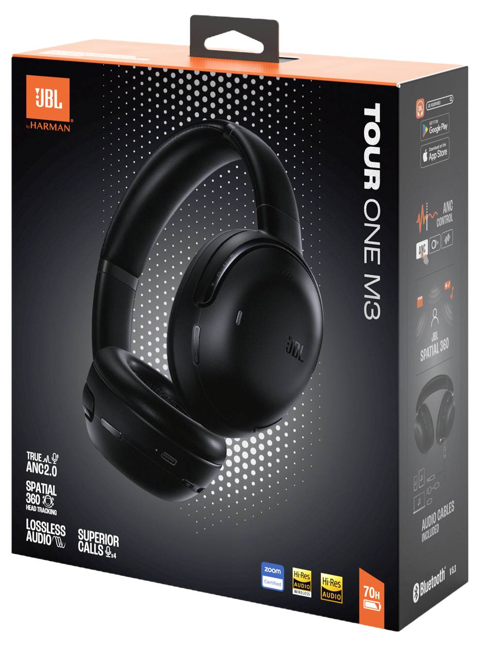 Casque 'JBL Tour One M3' en noir, présenté sur son boîtier. Points forts : Réduction de bruit adaptative True, lecture de 70 heures, audio sans perte, son spatial 360, audio haute résolution.