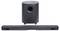 Un ensemble de soundbar et de caisson de basses noir, comprenant une soundbar rectangulaire et un caisson de basses cylindrique avec un évent orienté vers l'avant.