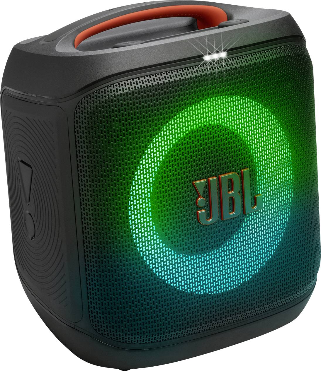 Un haut-parleur portable noir avec une poignée orange, présentant un motif lumineux circulaire vert et bleu sur la grille avant.