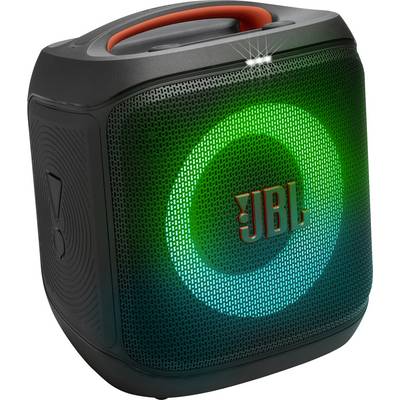 Un haut-parleur portable noir avec une poignée orange, présentant un motif lumineux circulaire vert et bleu sur la grille avant.