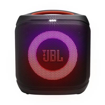 Enceinte portable avec un anneau lumineux et le logo 'JBL', émettant des lumières LED multicolores, suggérant une expérience sonore vibrante et dynamique.