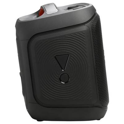 Enceinte portable noire avec design texturé, boutons de commande sur le dessus, et un symbole triangulaire sur le côté.