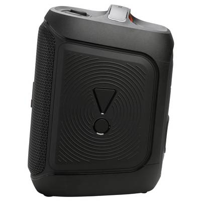 Un haut-parleur portable noir avec un design circulaire texturé et des boutons de commande sur le dessus.