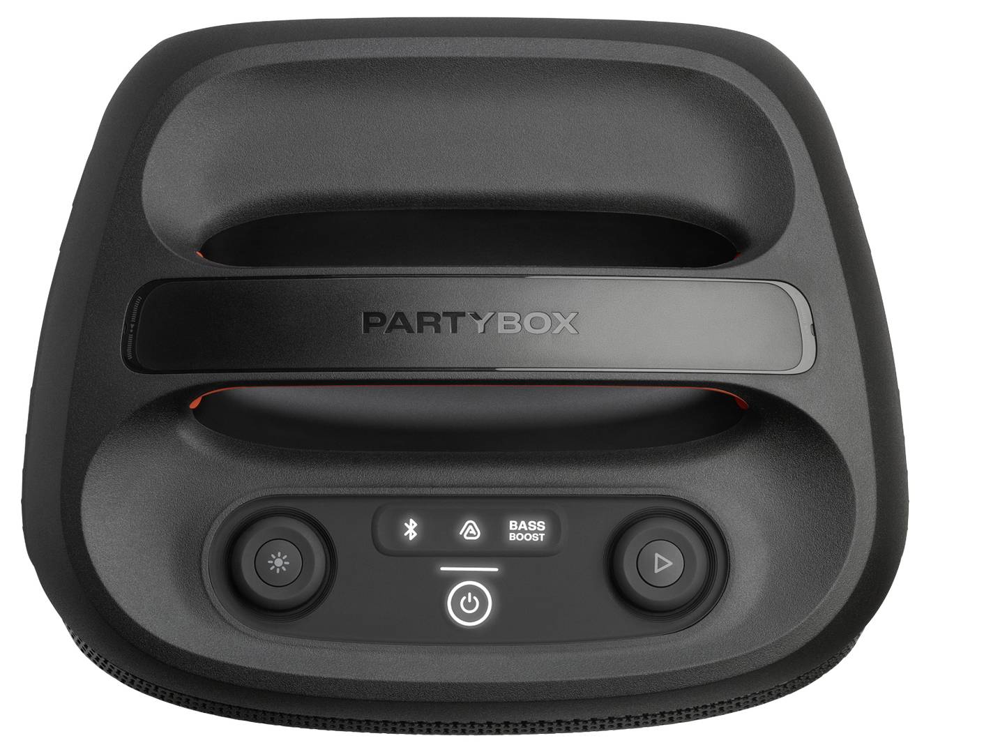 Vue de dessus de l'enceinte 'PARTYBOX' montrant le panneau de commande avec bouton de renforcement des basses, Bluetooth, boutons de mise en marche et poignée pour la portabilité.