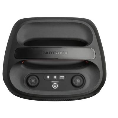 Vue de dessus de l'enceinte 'PARTYBOX' montrant le panneau de commande avec bouton de renforcement des basses, Bluetooth, boutons de mise en marche et poignée pour la portabilité.