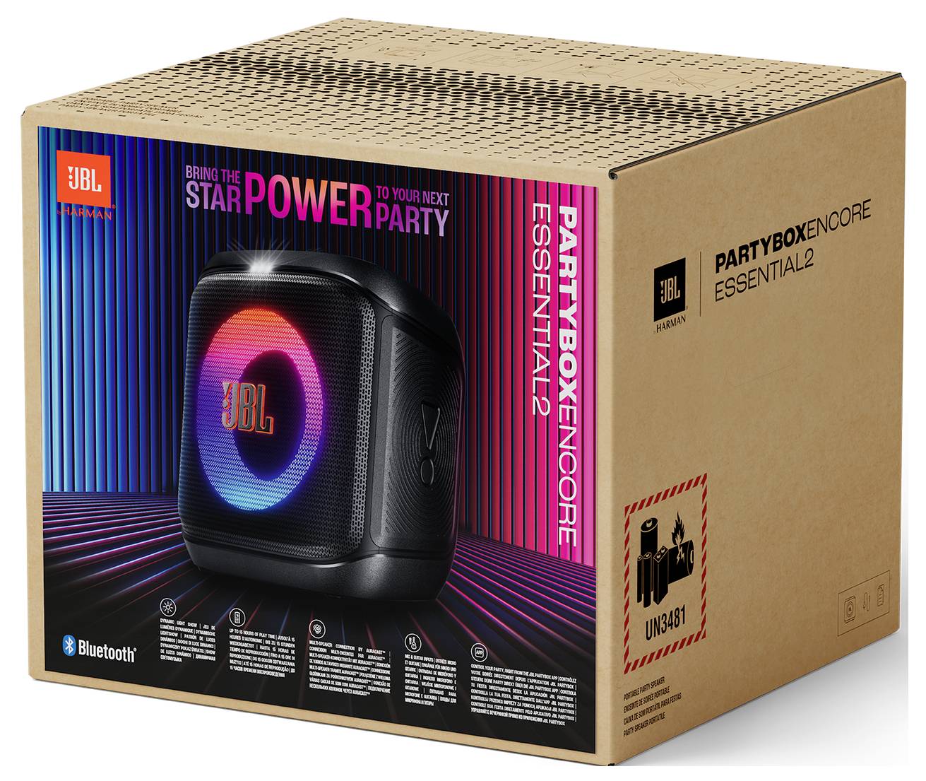 Emballage 'JBL Partybox Encore Essential 2' présentant un haut-parleur avec des lumières multicolores et une connectivité Bluetooth.