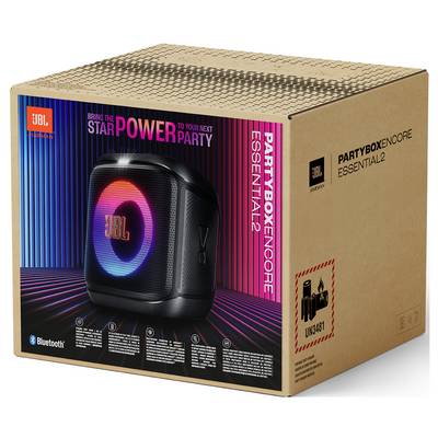 Emballage 'JBL Partybox Encore Essential 2' présentant un haut-parleur avec des lumières multicolores et une connectivité Bluetooth.