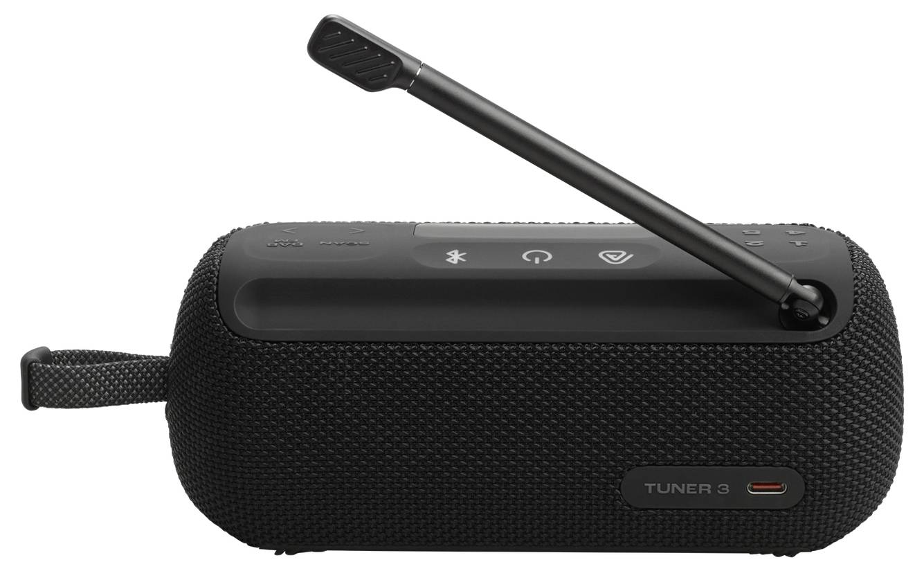 Un haut-parleur Bluetooth noir portable avec une poignée de transport et une antenne réglable étiquetée « Tuner 3 », doté de boutons de commande sur le dessus.