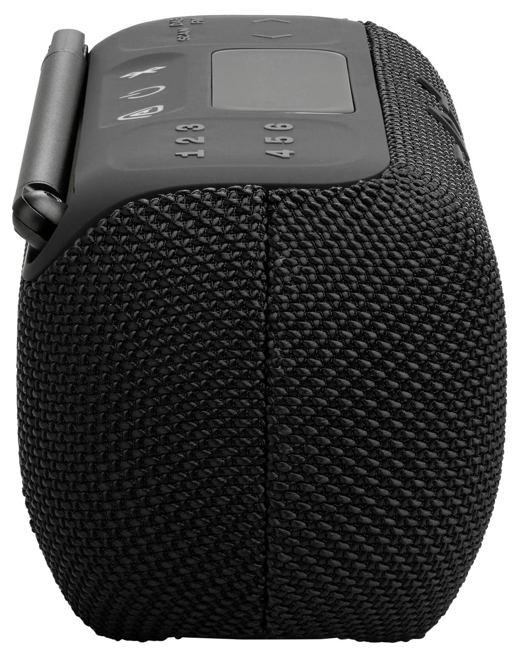 Un haut-parleur portable noir texturé, vu de côté, avec des boutons en haut pour la mise en marche et le contrôle du volume.