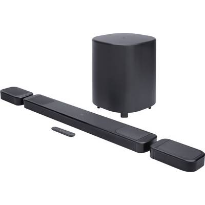 Un système de barre de son noir avec un caisson de basses, deux enceintes satellites et une télécommande, présenté sur un fond uni.