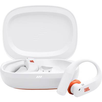 Des écouteurs sans fil JBL blancs avec des touches orange, placés dans un étui de chargement blanc ouvert.