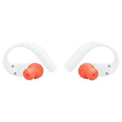 Deux écouteurs sans fil blancs et oranges avec des crochets d'oreille, positionnés face à face, conçus pour un maintien sécurisé pendant les activités physiques.