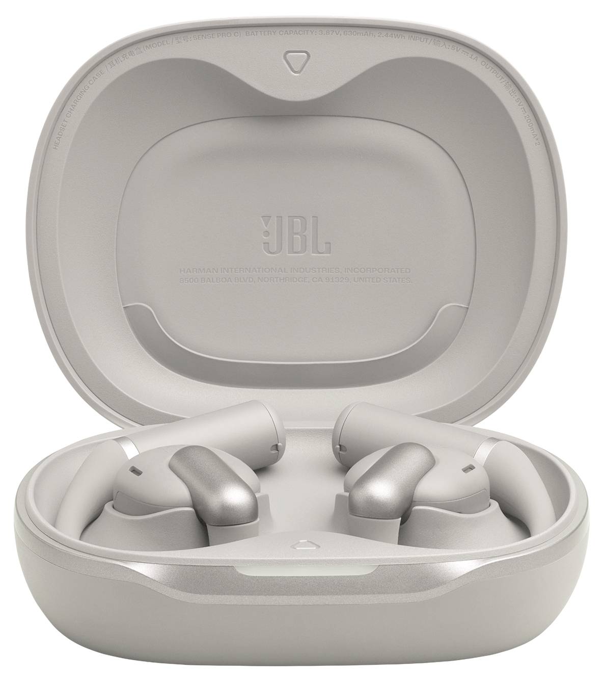 Étui de chargement gris ouvert présentant une paire d'écouteurs sans fil gris, conçus pour une portabilité pratique et un audio mobile.