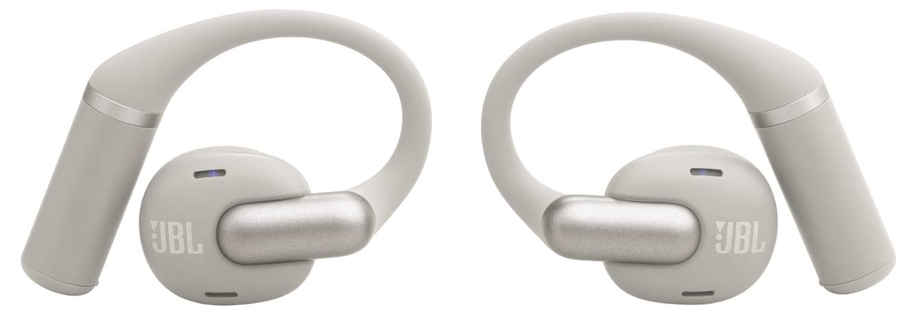 Casque sans fil beige à design over-ear avec un arceau incurvé et la marque JBL visible sur chaque côté.