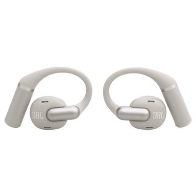 Casque sans fil beige à design over-ear avec un arceau incurvé et la marque JBL visible sur chaque côté.