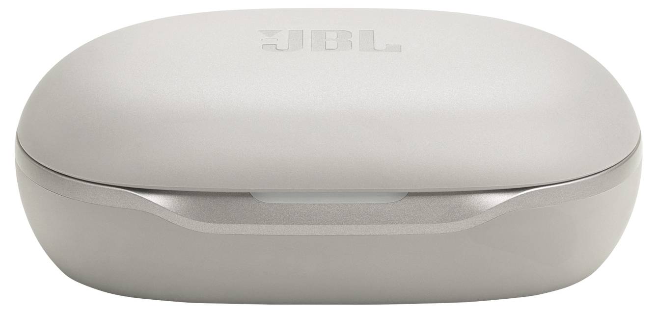 Un petit étui ovale gris pour écouteurs sans fil, arborant un logo discret sur le dessus.
