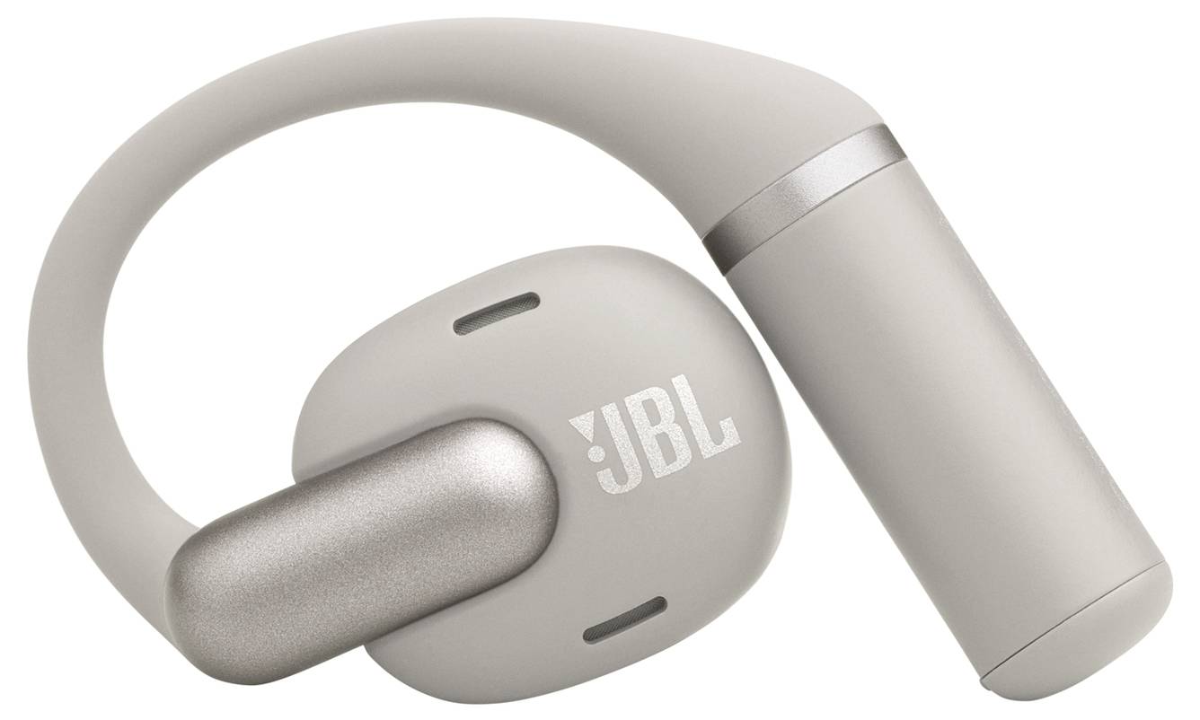 Un écouteur sans fil JBL gris au design ergonomique avec un crochet intégré pour un maintien sécurisé.