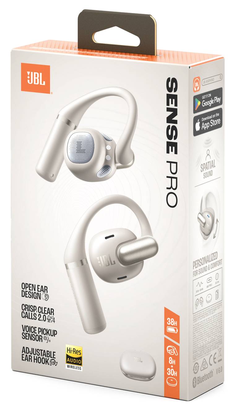 Boîte de JBL Sense Pro, écouteurs open-ear blancs avec des images présentant les caractéristiques de design. Points forts incluant un crochet d'oreille réglable, la capture vocale et la compatibilité avec l'application.