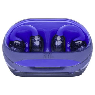 Écouteurs sans fil bleus dans un étui de charge assorti, positionnés avec les écouteurs orientés vers l'extérieur, présentant un design élégant et moderne.