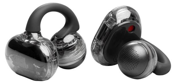 Deux écouteurs sans fil transparents avec des crochets auriculaires noirs et un boîtier extérieur gris sont présentés. Un écouteur est allongé face vers le haut, l'autre face vers le bas.