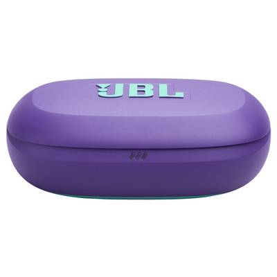 Étui de écouteurs JBL violet, fermé, avec logo sur le dessus.
