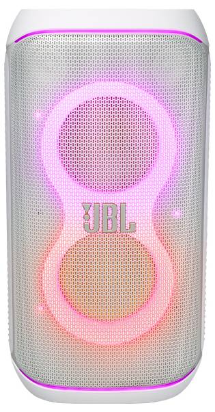 Un haut-parleur cylindrique avec des anneaux lumineux roses et oranges autour de ses doubles haut-parleurs. Le logo JBL est centré sur la grille avant.