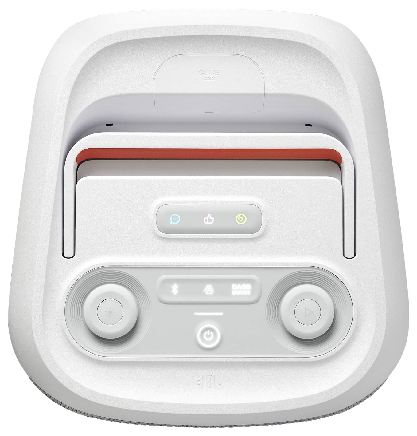 Un panneau de système audio JBL INNOVA blanc avec des boutons et des molettes. Les fonctionnalités comprennent la mise sous tension, des commandes de volume et des capacités de connexion.