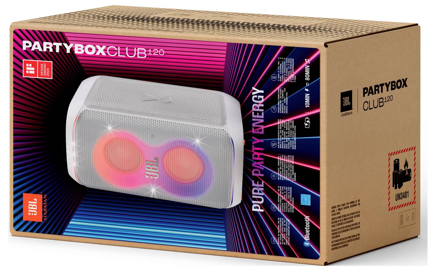 Emballage pour 'PartyBox Club 120', présentant un haut-parleur avec des lumières colorées. Comprend le texte 'Énergie Pure de Fête' et les caractéristiques techniques sur le côté.