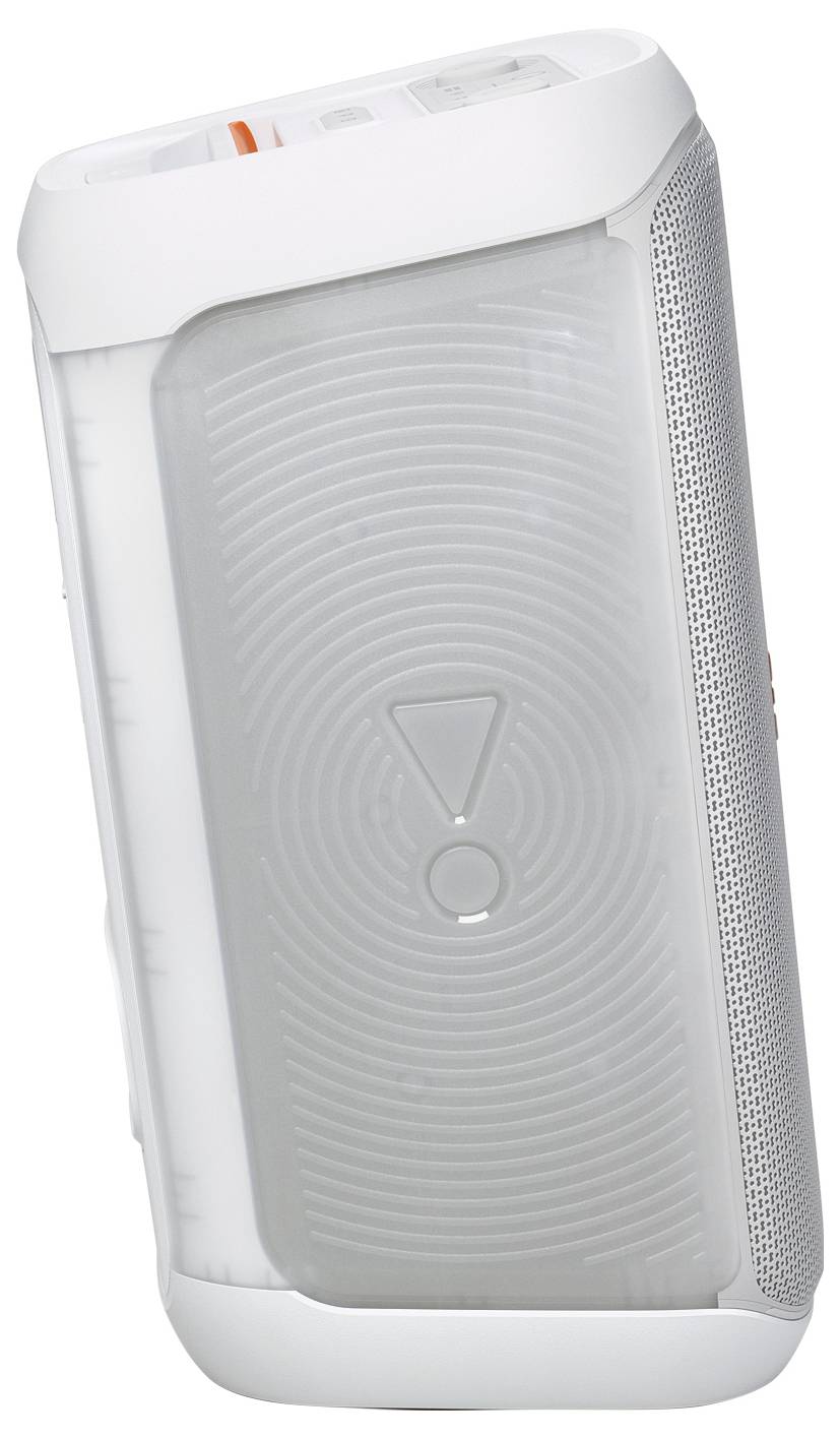 Enceinte portable blanche avec un motif circulaire texturé sur l'avant et un bouton orange sur le dessus, placée sur un fond blanc.